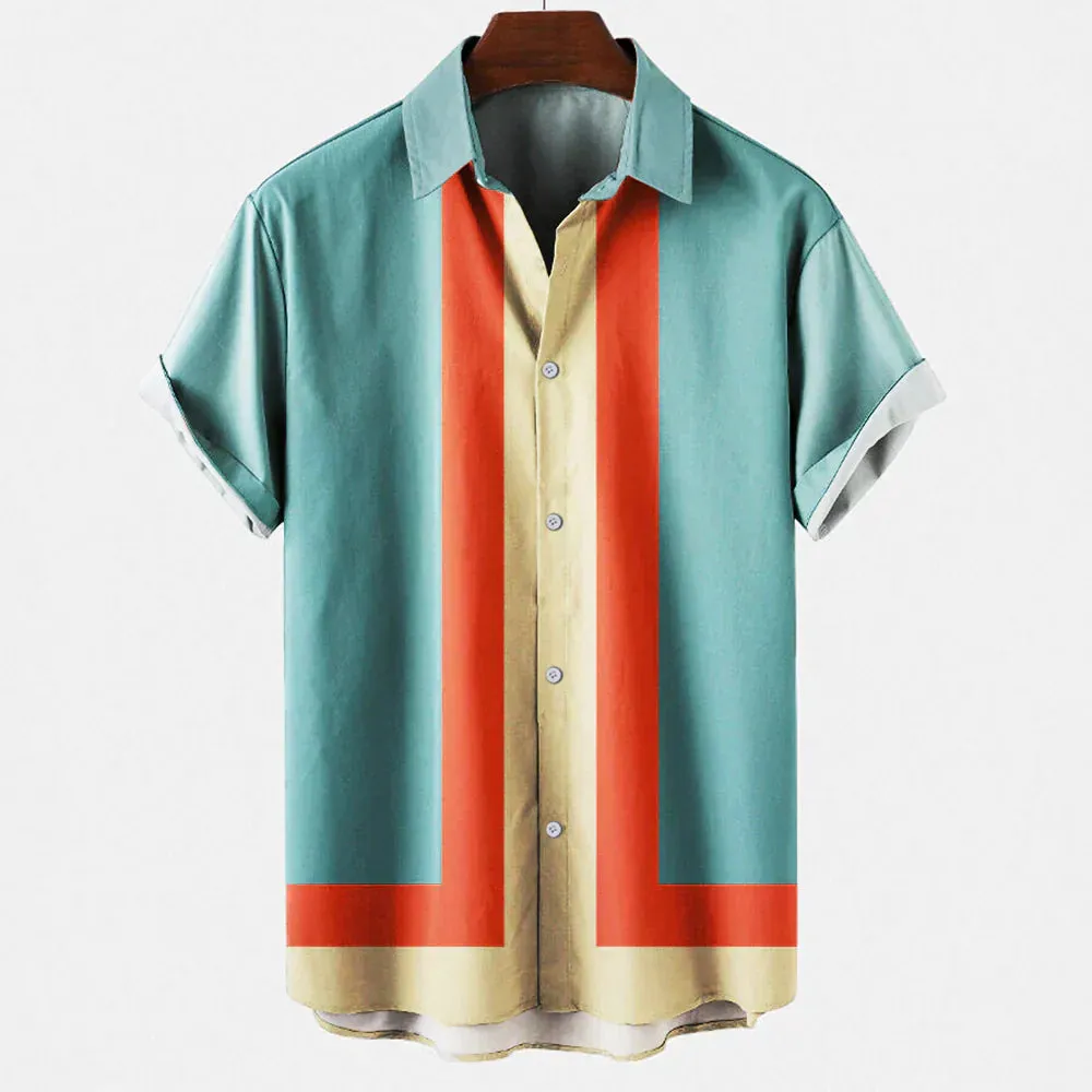 Men’s Striped Short Sleeve Shirt – Button-Up – Retro Print – Lightweight Cotton – Summer Statement