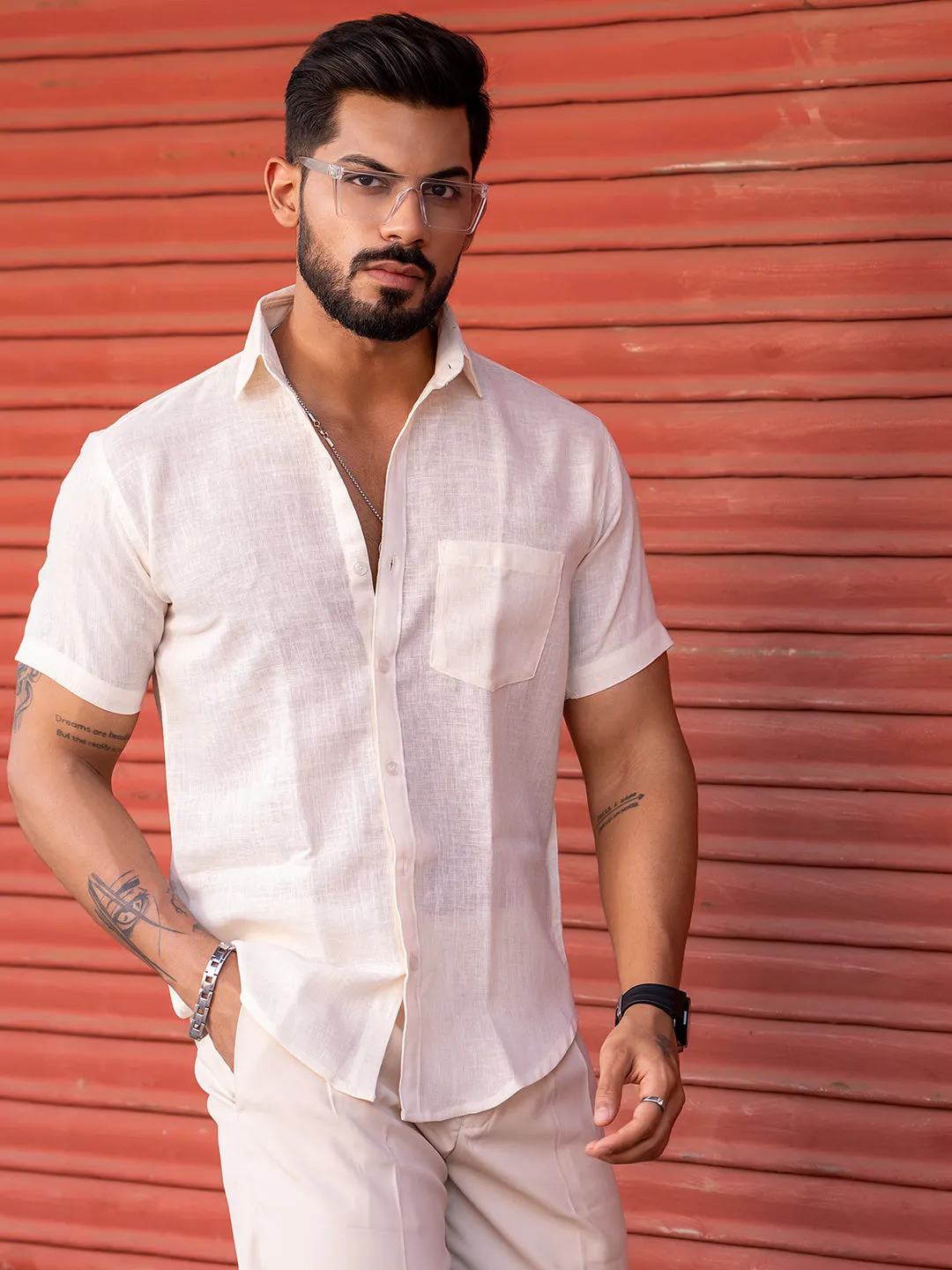 Millennial pink Linen Half Sleeve Solid Shirt