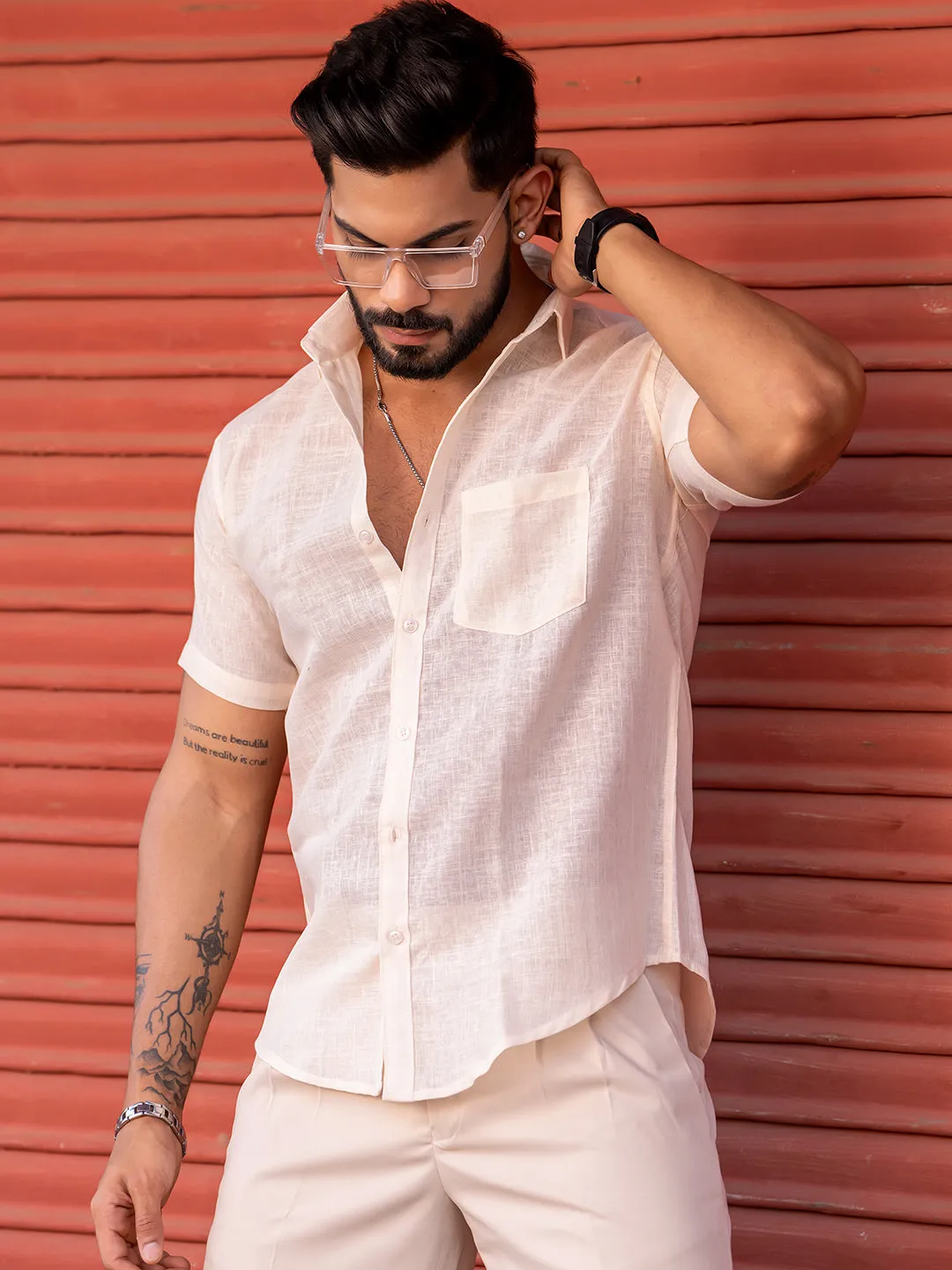 Millennial pink Linen Half Sleeve Solid Shirt