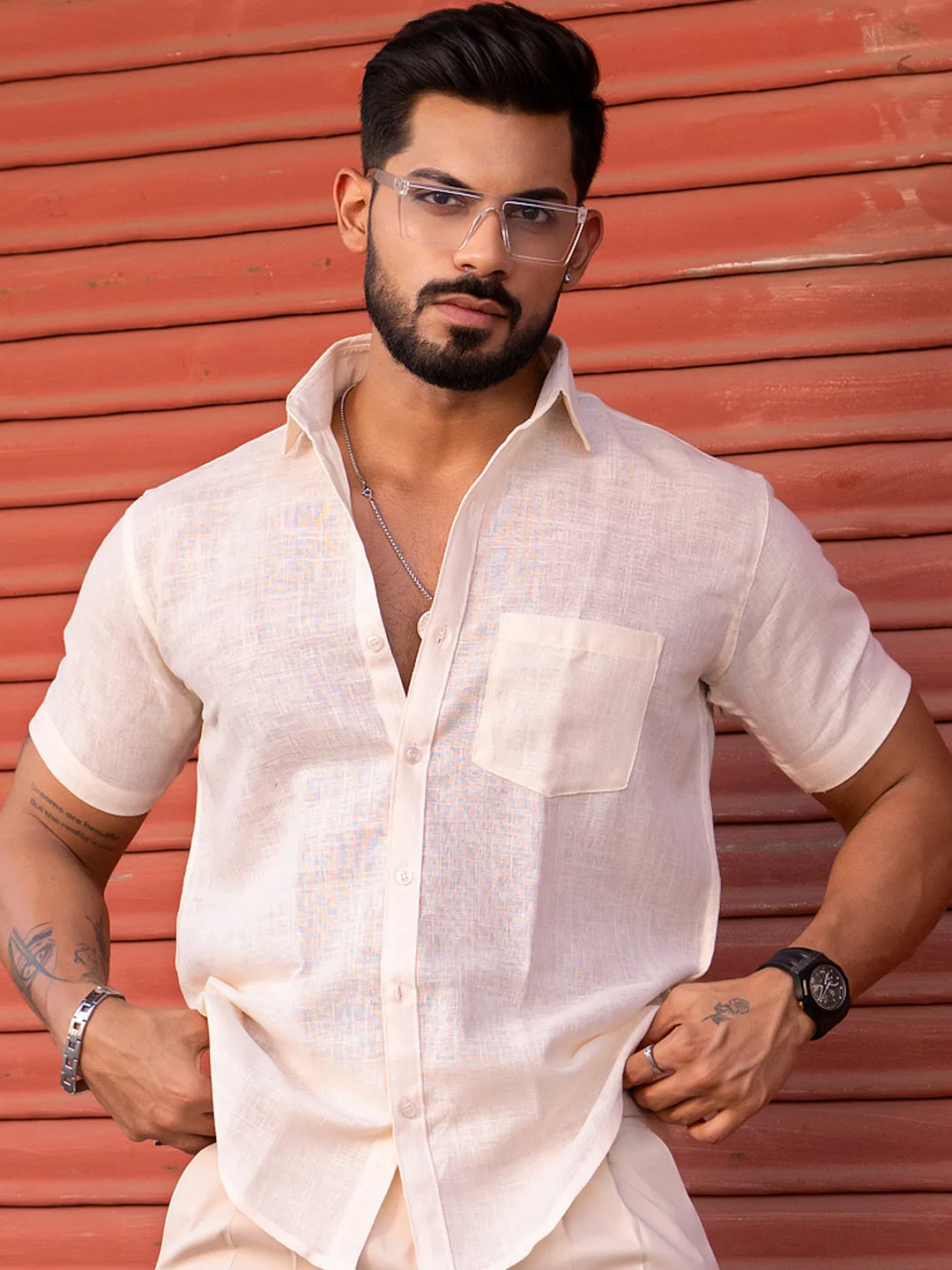 Millennial pink Linen Half Sleeve Solid Shirt
