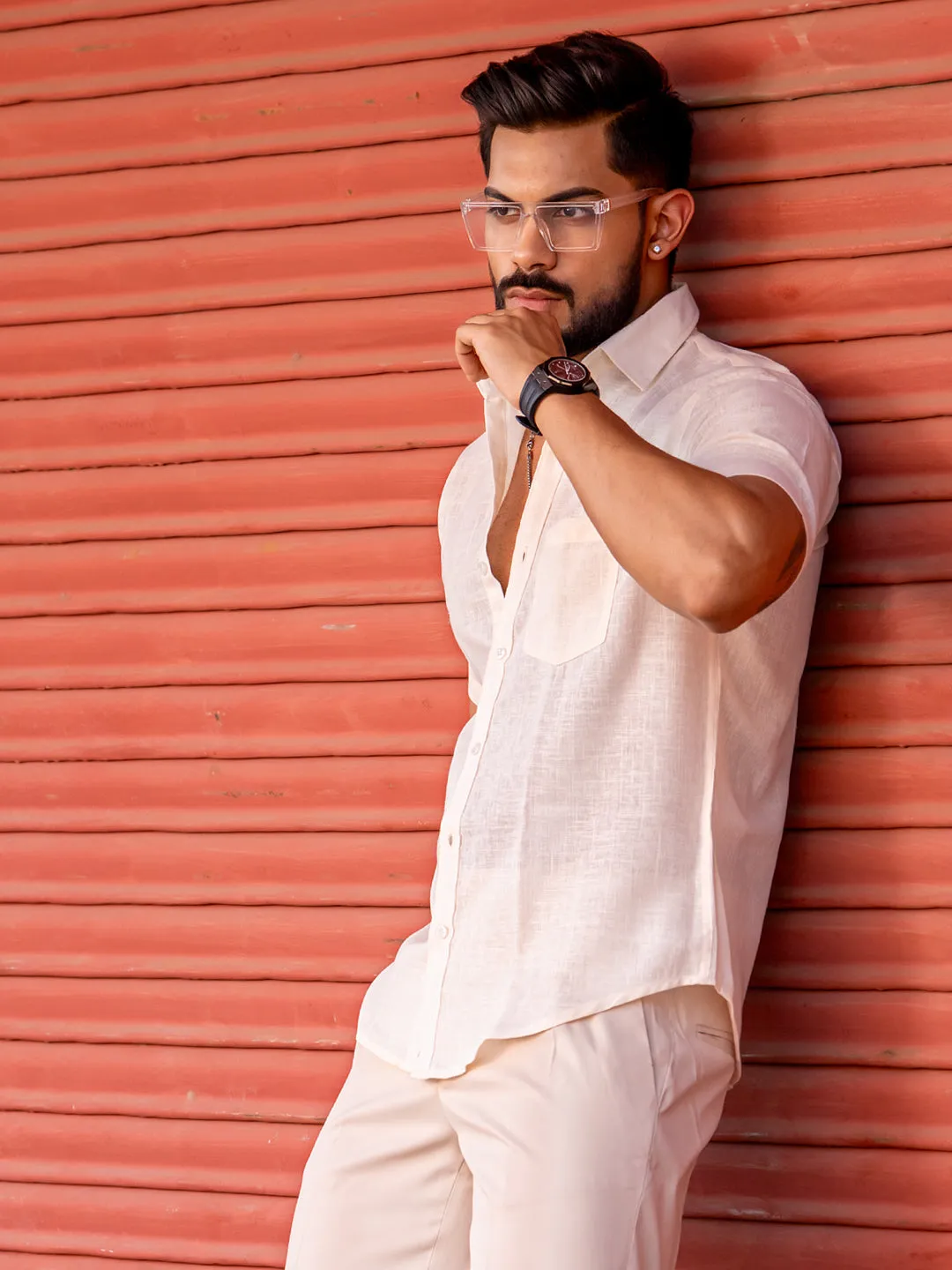 Millennial pink Linen Half Sleeve Solid Shirt