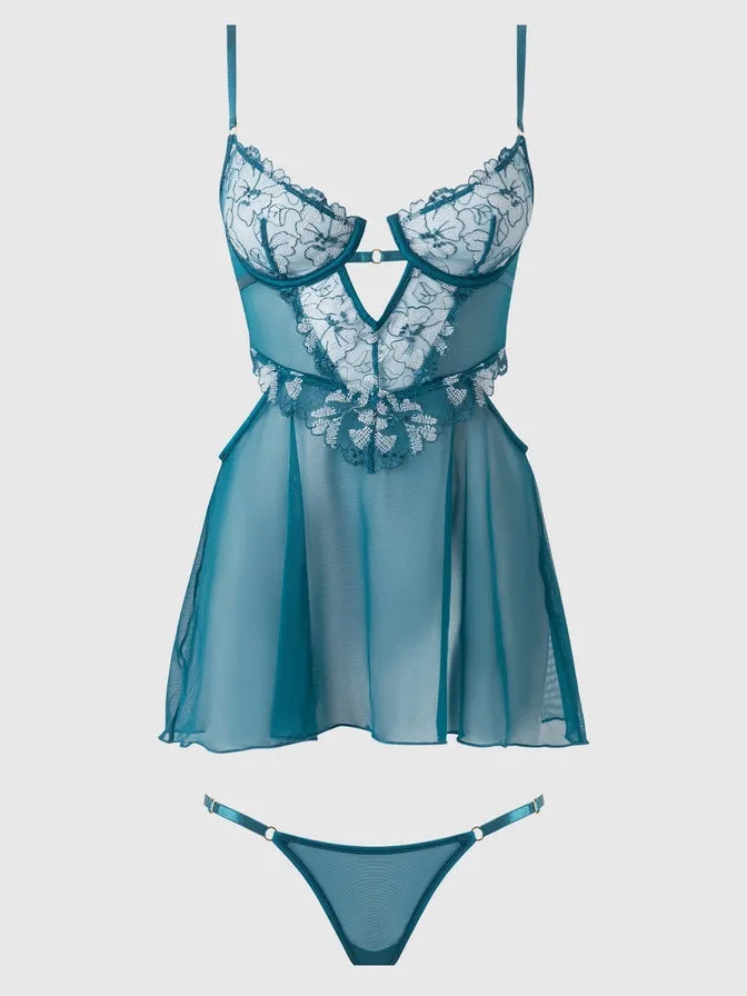 Nova Blacklight Lace Babydoll In Jaded Blue - House of Desire