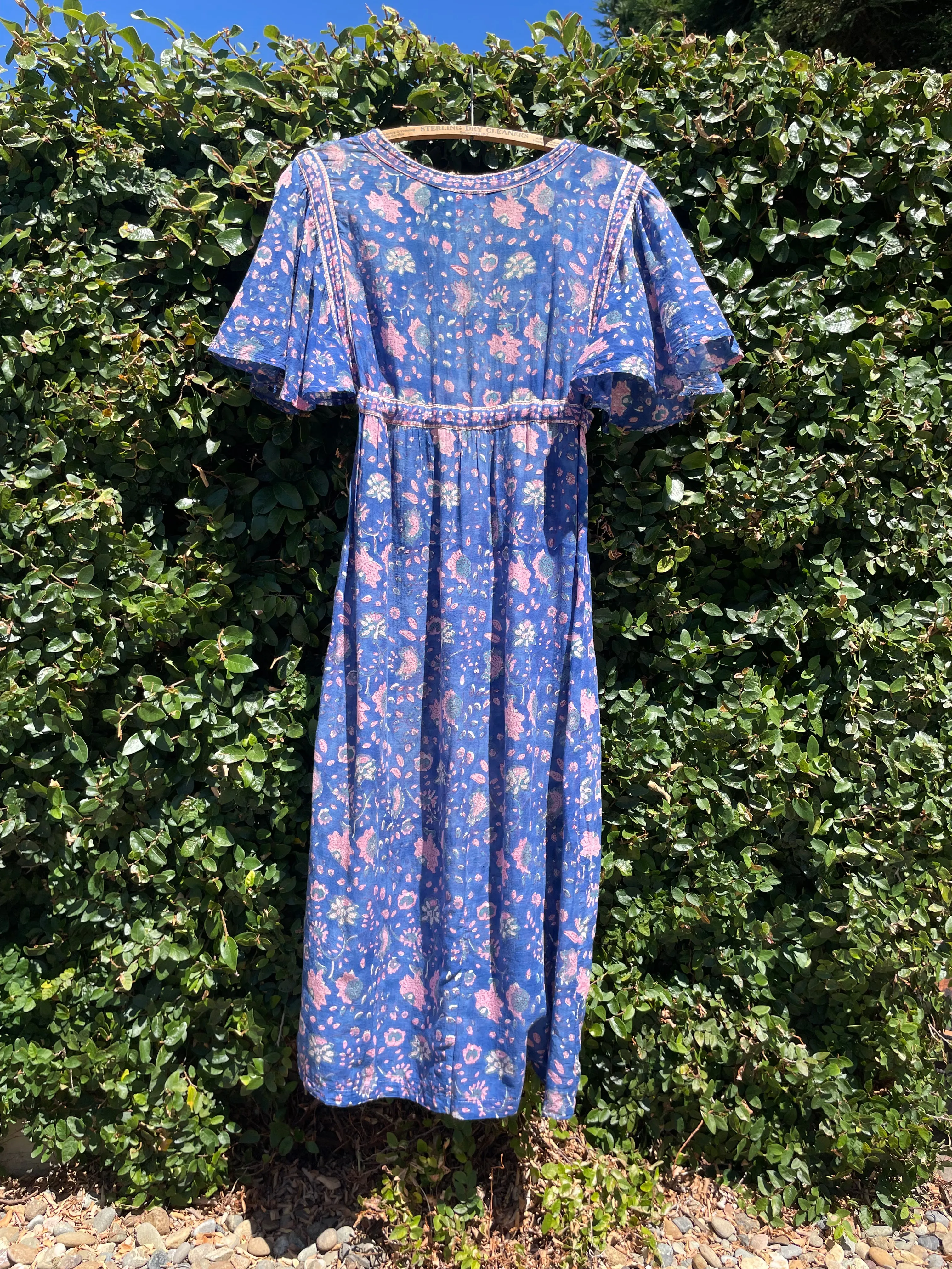 Rare Adini Block Print Cotton Gauze Flutter Sleeve Tie Waist Dress
