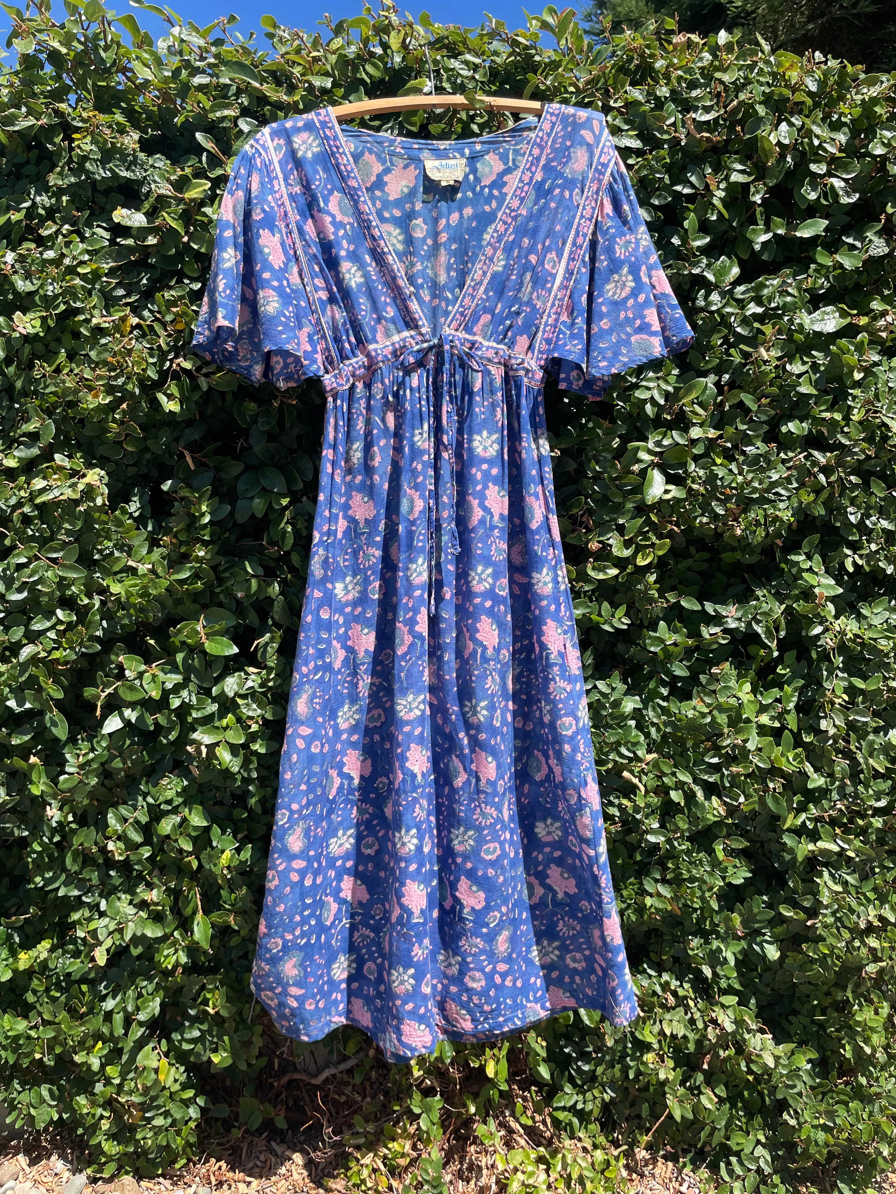 Rare Adini Block Print Cotton Gauze Flutter Sleeve Tie Waist Dress