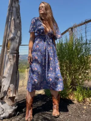 Rare Adini Block Print Cotton Gauze Flutter Sleeve Tie Waist Dress