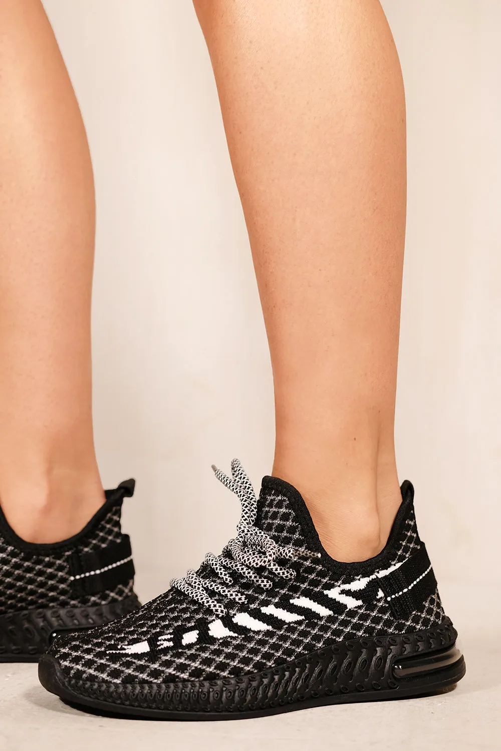 ROMILY PLATFORM KNITTED CHECK TRAINERS IN BLACK