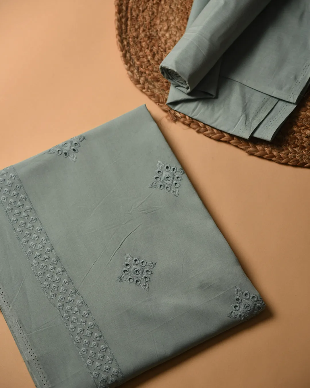 Sea Green Pure Cotton Shiffly Embroidered Unstitched Co-ord Set With Cotton Bottom Fabric