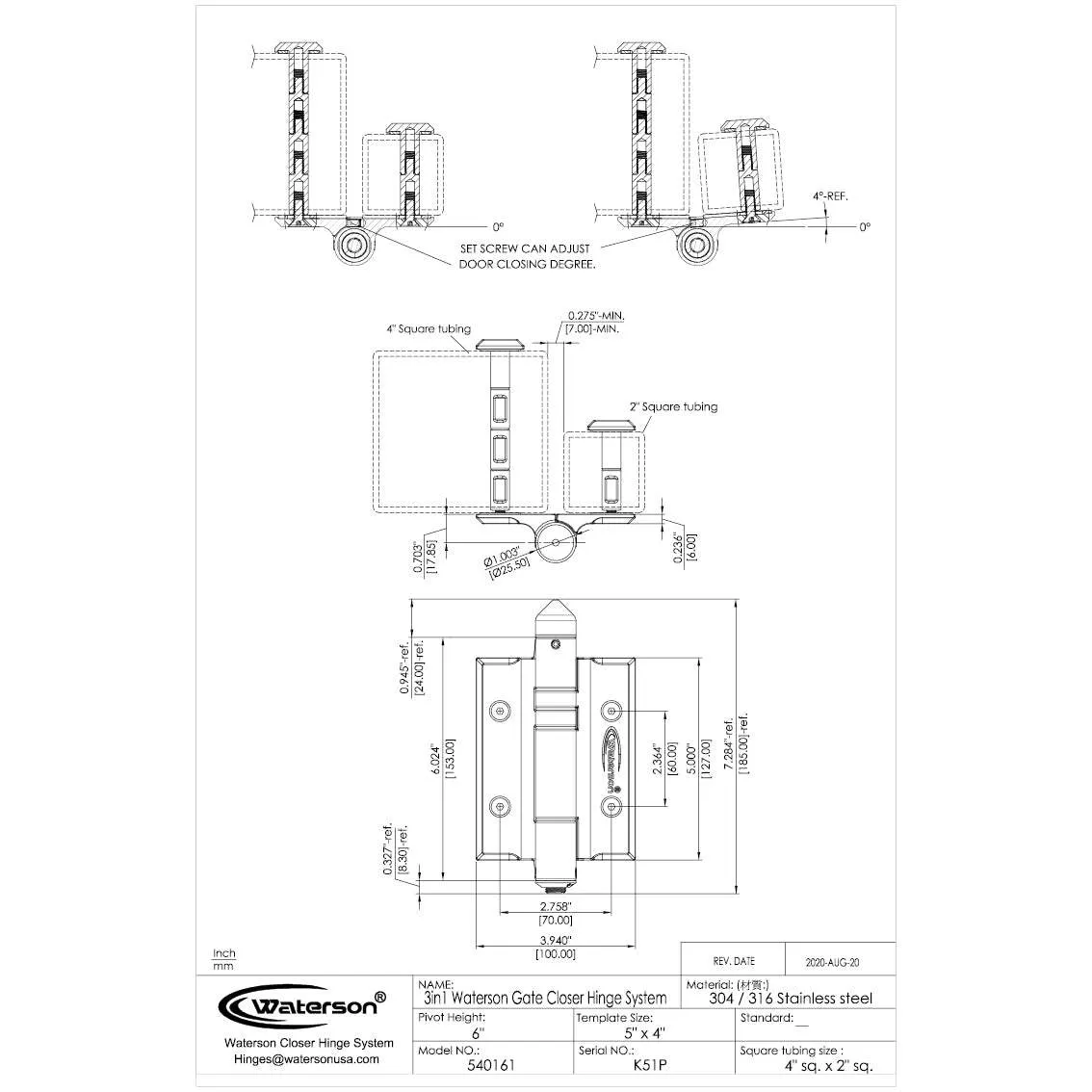 Self Closing Pool Gate Hinges | Marine Grade | 7ft | K51P-316-A3 | 3 Pack