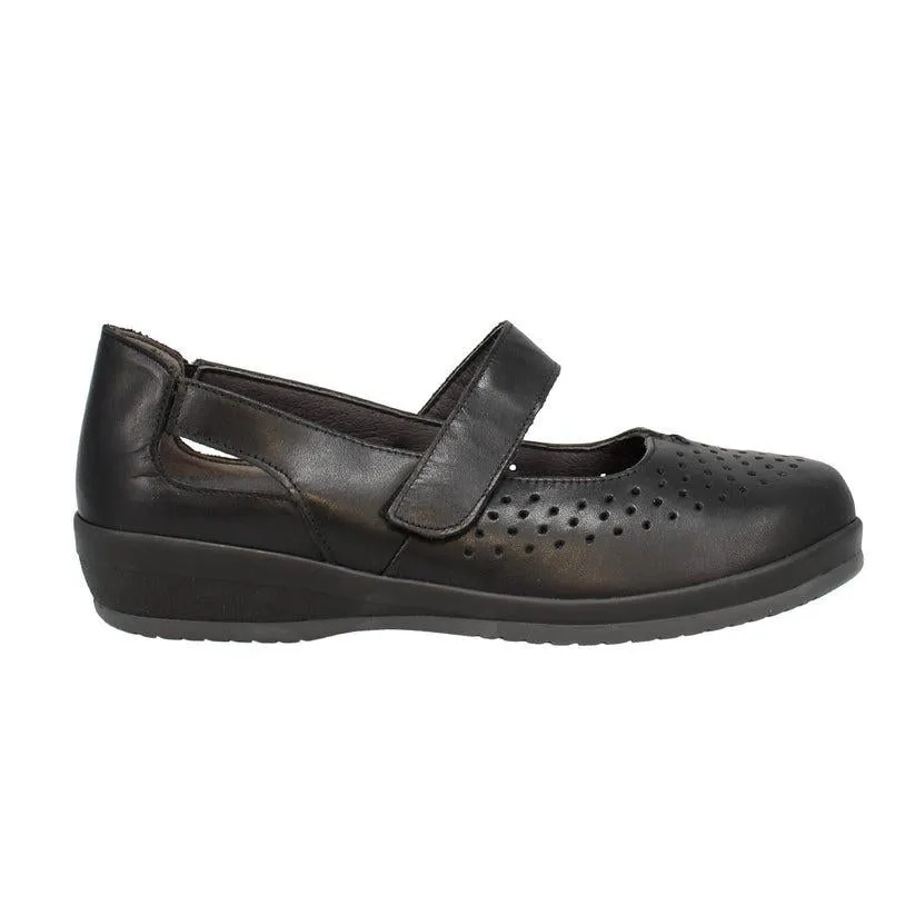 Shuropody Ada Extra Wide Leather Soft Touch Fastening Cut Out Design Mary Jane Flat Shoe - Black