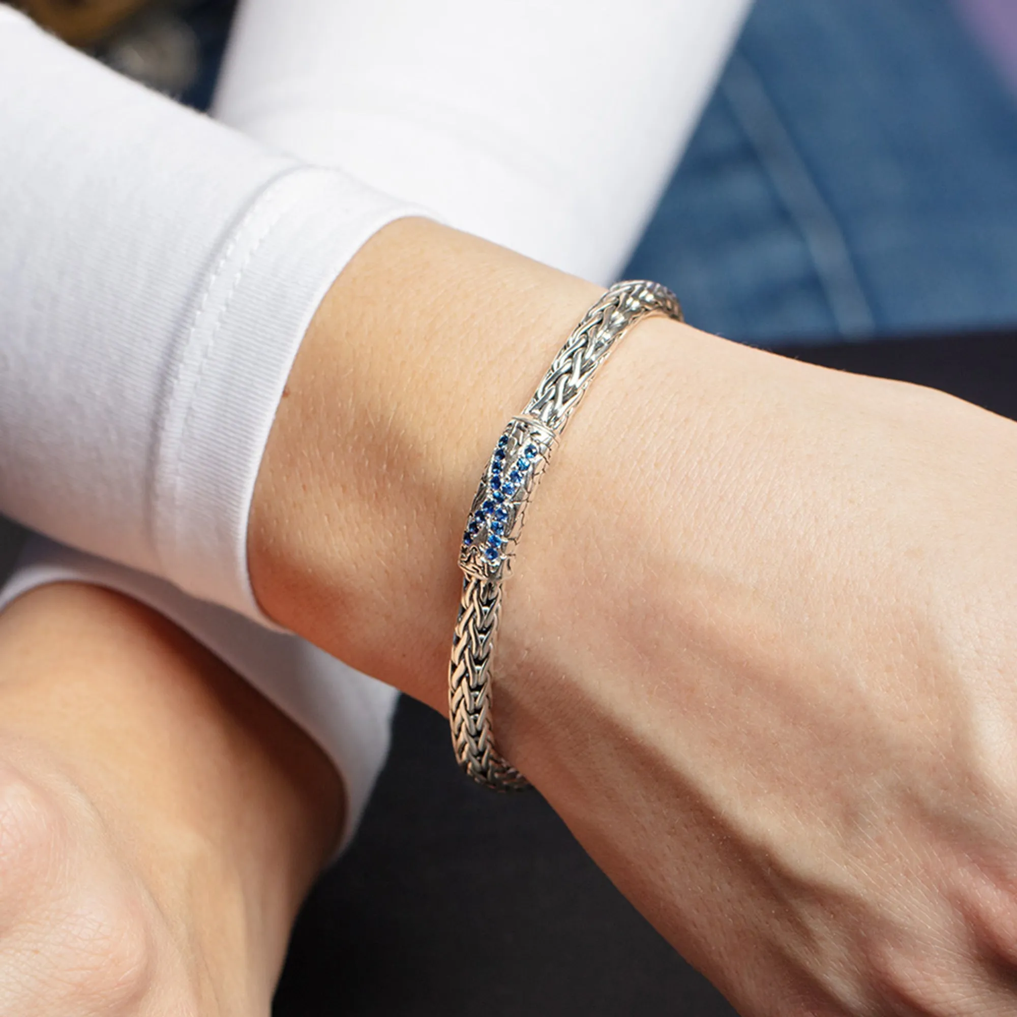 Silver & Blue Sapphire Woven X Bracelet