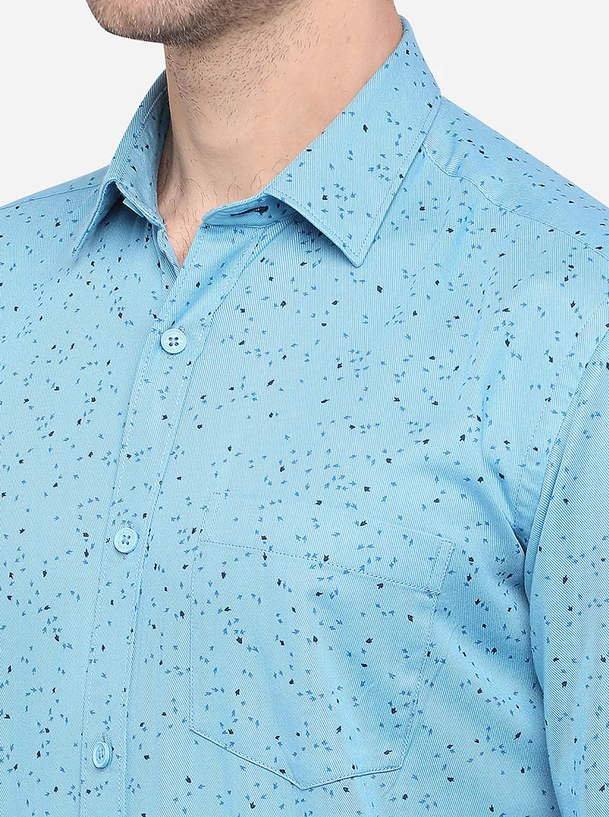 Sky Blue Printed Slim Fit Semi Casual Shirt | Greenfibre