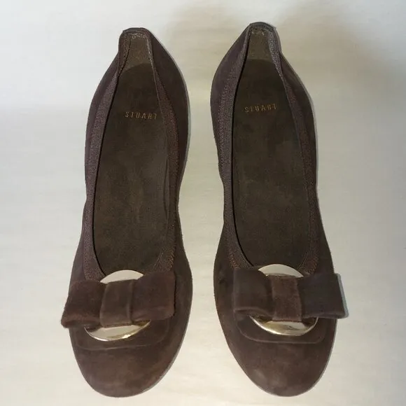 Stuart Weitzman Beaudelair Suede Pump Size 8 Hidden Wedge Bow Low Heel Slip-on