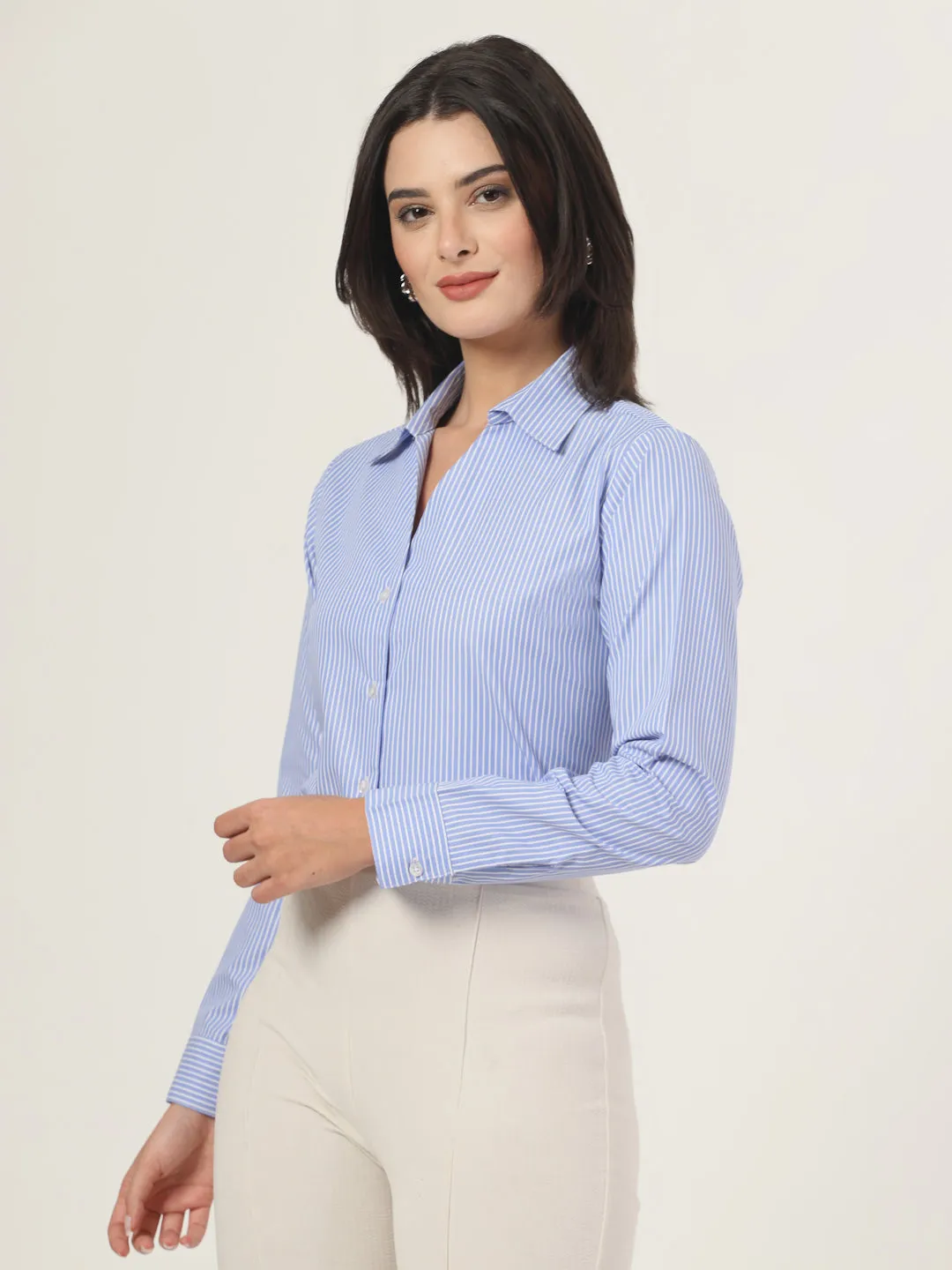 Style Quotient Women Blue and White Stripe Polycotton Formal Shirt