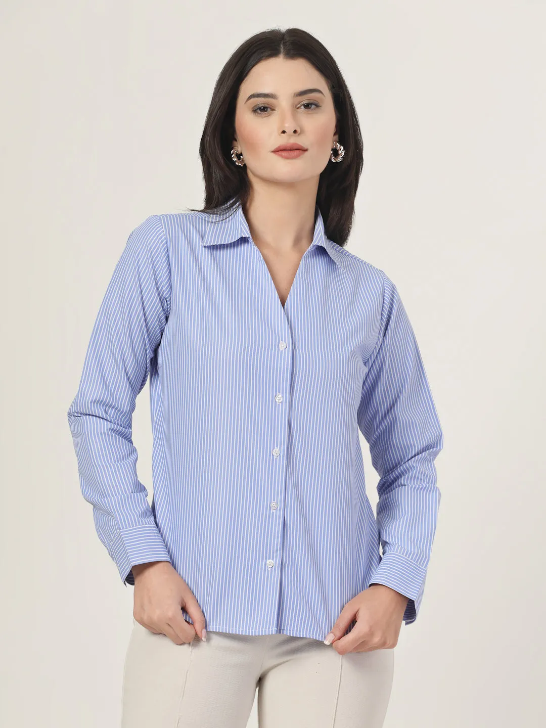 Style Quotient Women Blue and White Stripe Polycotton Formal Shirt