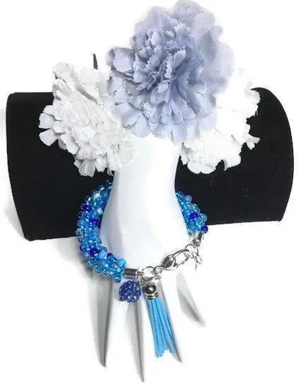 THE BLUE POPPY BRACELET, chunky bracelet, blue beaded Kumihimo wristlet, Boho-chic, woman's size,