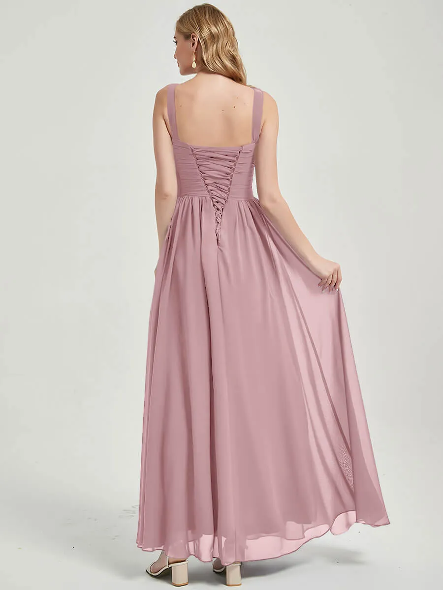 Vintage Mauve Wide Straps Sleeveless Flowy Pleated Bridesmaid Dress