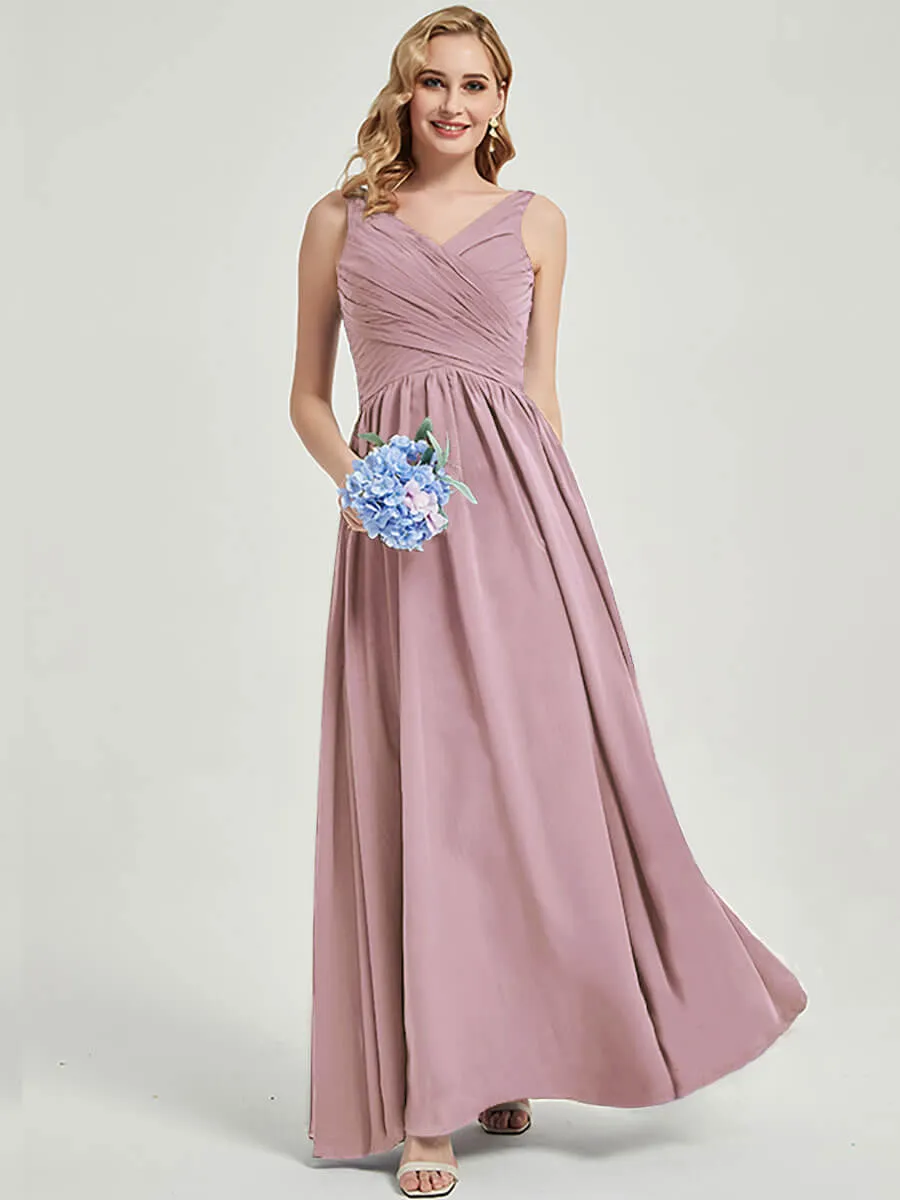 Vintage Mauve Wide Straps Sleeveless Flowy Pleated Bridesmaid Dress