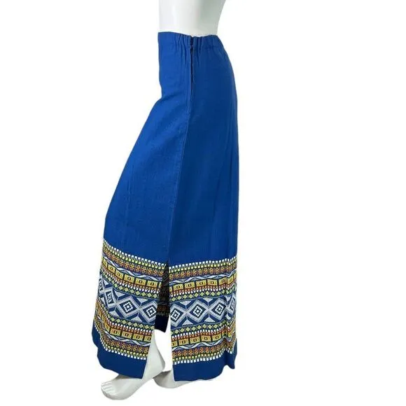 Vintage 1970's Long Blue Guatemalan Woven Maxi Skirt Side Slits Size Medium