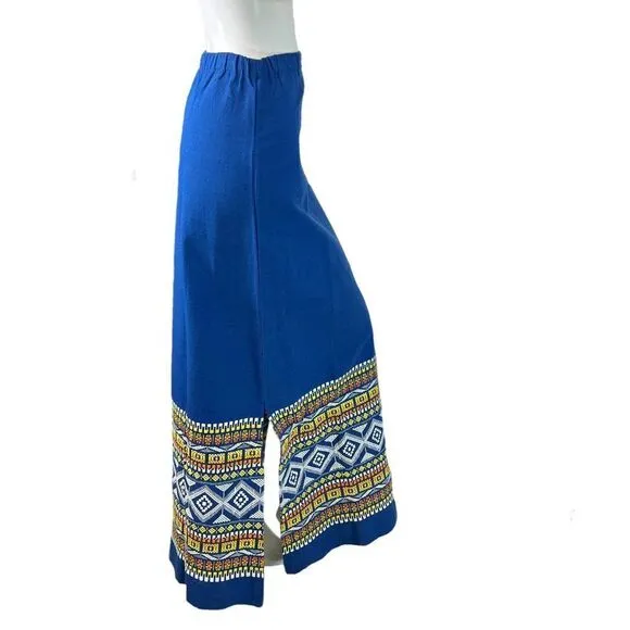 Vintage 1970's Long Blue Guatemalan Woven Maxi Skirt Side Slits Size Medium