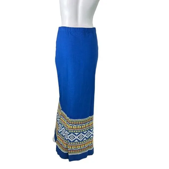 Vintage 1970's Long Blue Guatemalan Woven Maxi Skirt Side Slits Size Medium