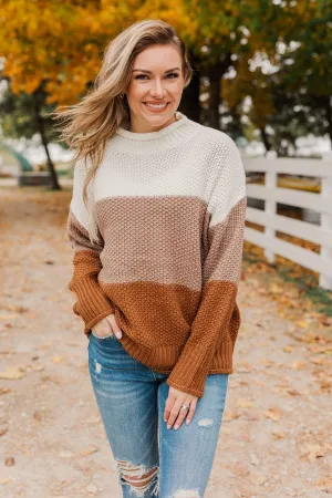Warm & Toasty Color Block Knit Sweater- Mocha & Rust