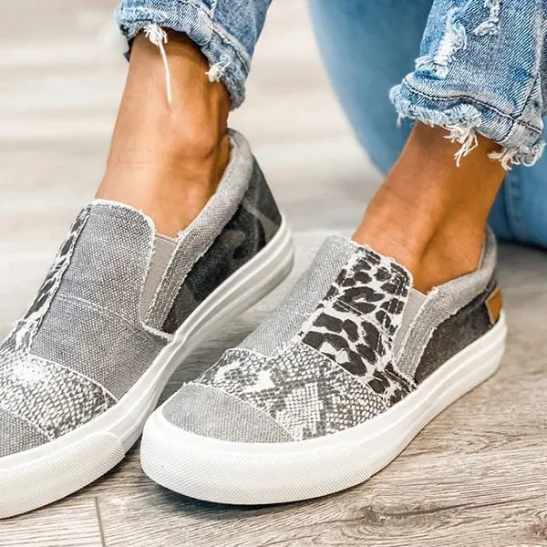 Women's Canvas Patchwork Animal Print Flat Shoes Casual Slip On Loafers Outdoor Footwear