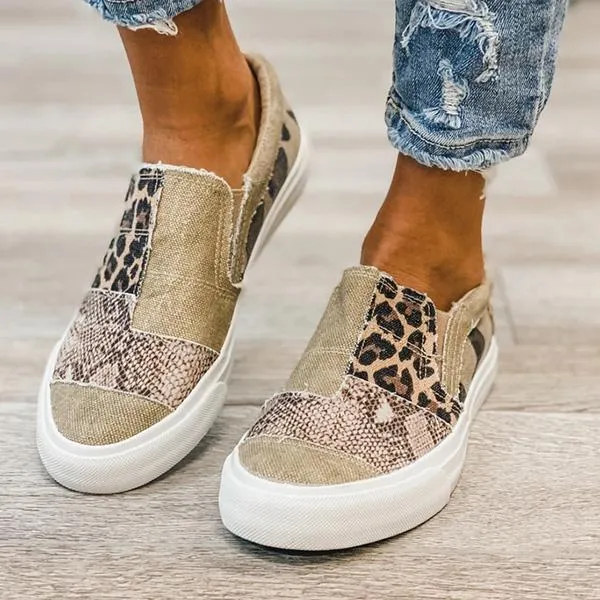 Women's Canvas Patchwork Animal Print Flat Shoes Casual Slip On Loafers Outdoor Footwear