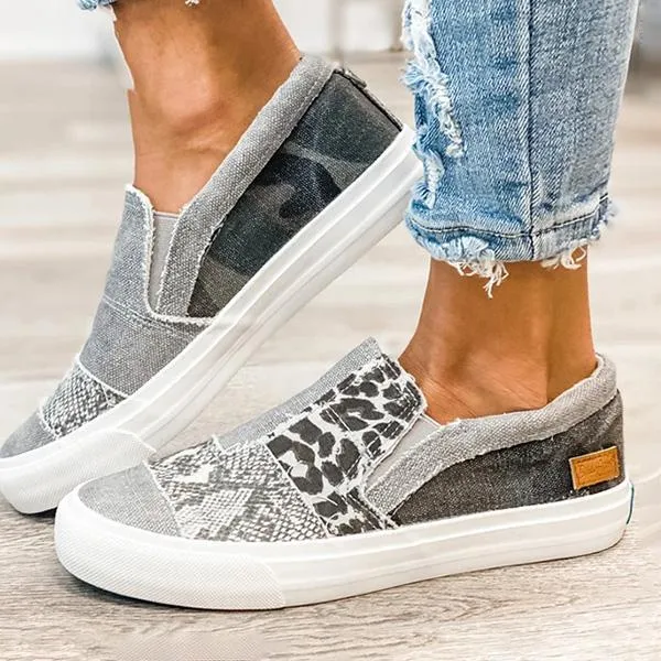Women's Canvas Patchwork Animal Print Flat Shoes Casual Slip On Loafers Outdoor Footwear