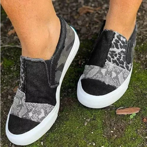Women's Canvas Patchwork Animal Print Flat Shoes Casual Slip On Loafers Outdoor Footwear
