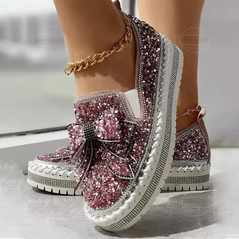 Women's Sequin Bow Loafers - Platform Flats in Wine Red