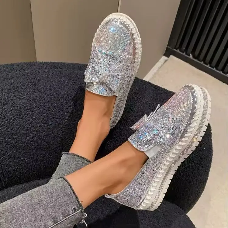 Women's Sequin Bow Loafers - Platform Flats in Wine Red