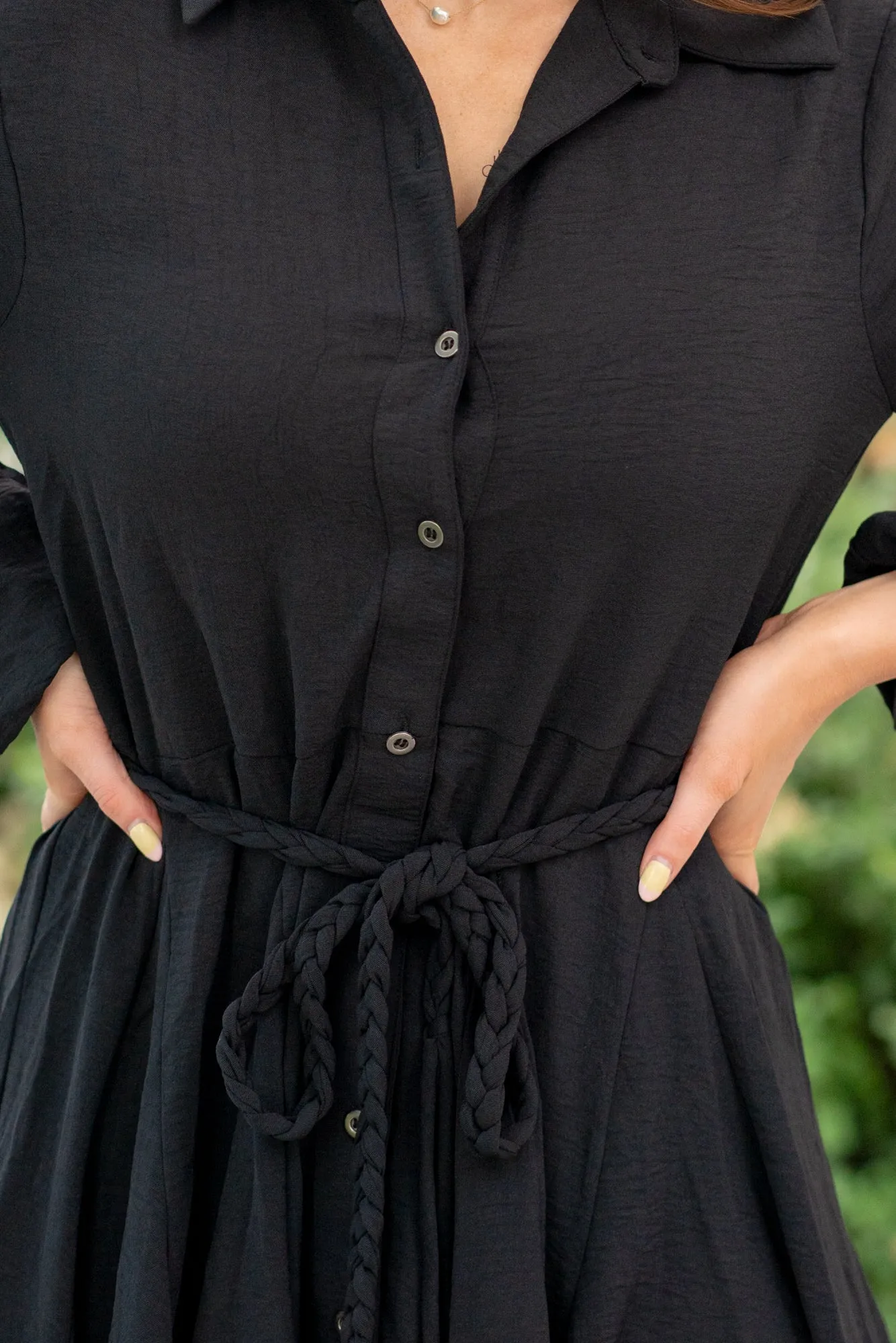 Woven Flounced Hem Belted Dress - Black