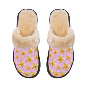 Yellow Frangipanis Pink Women's Plush Slippers